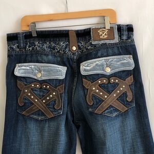 Crown Holder Vintage Embroidered Bootcut Jeans with Brown Accents